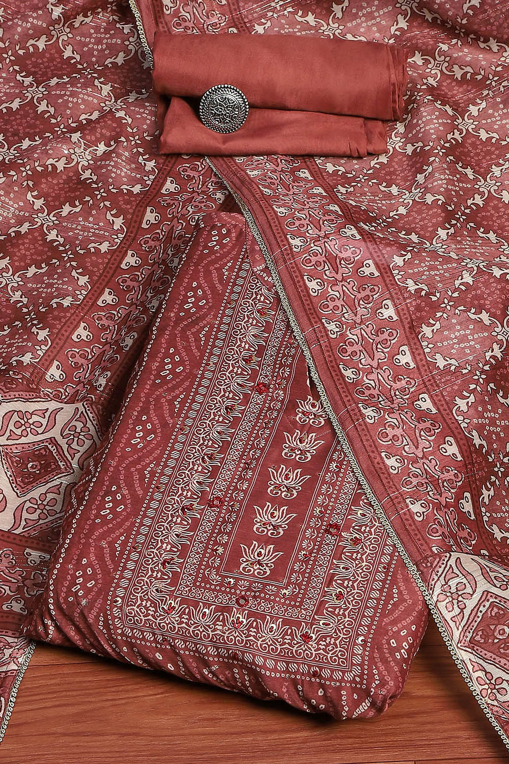 Maroon Chanderi Machine Embroidered Unstitched Suit Set image number 0