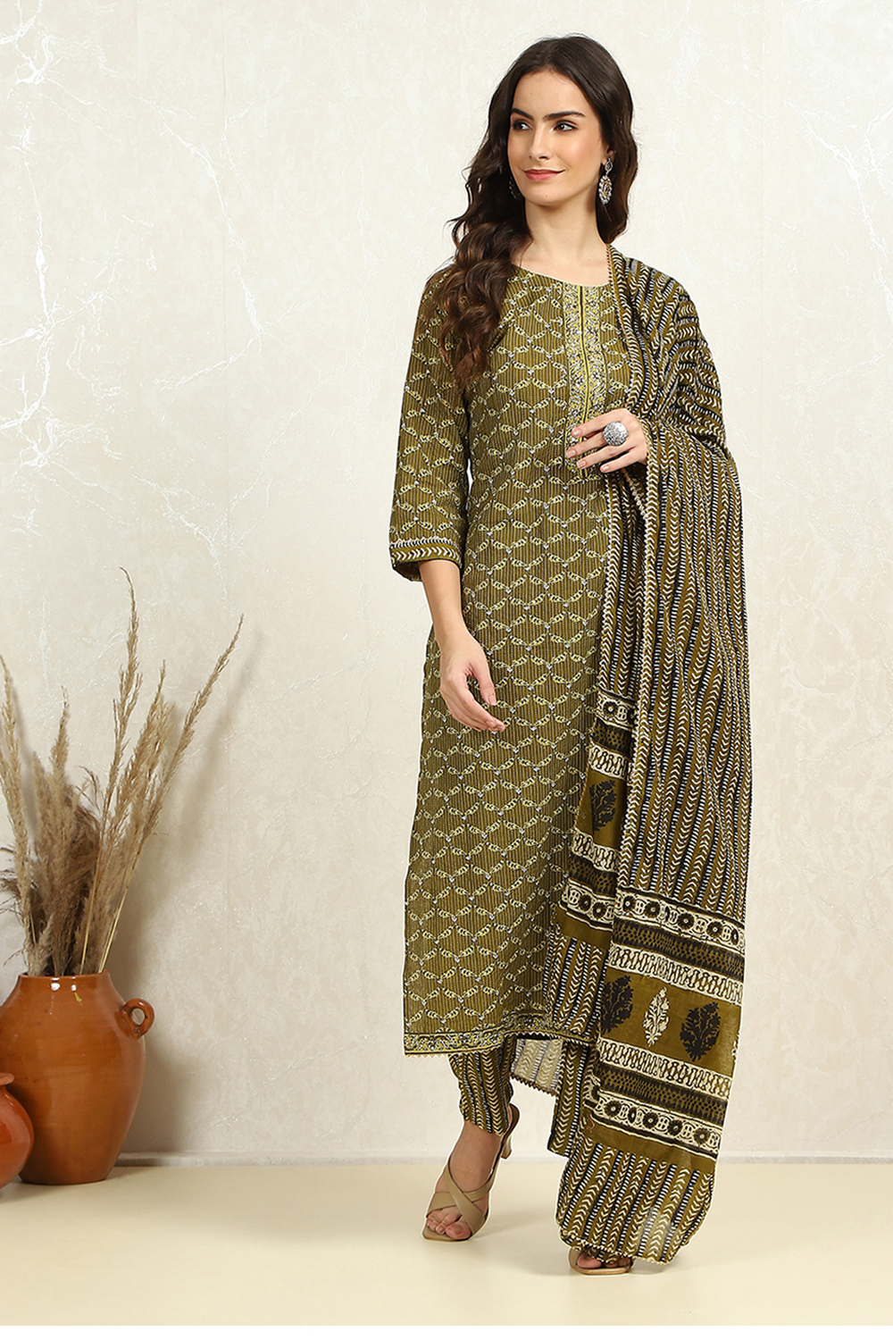 Green Cotton Printed Unstitched Suit Set image number 7