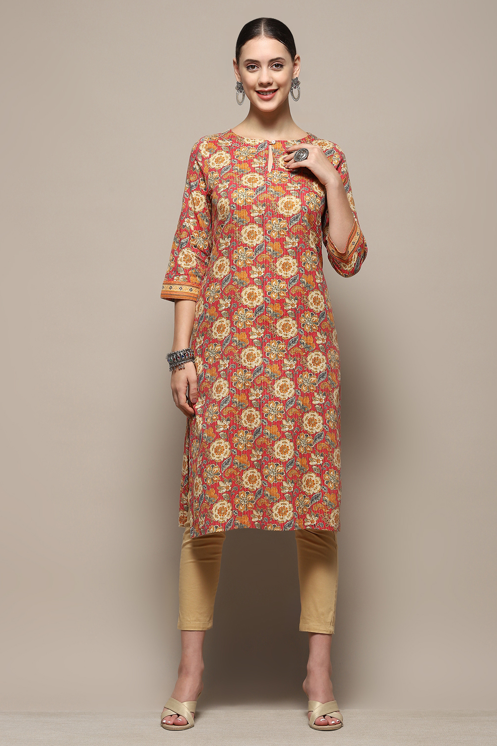 Pink Cotton Floral Printed Straight Kurta image number 5