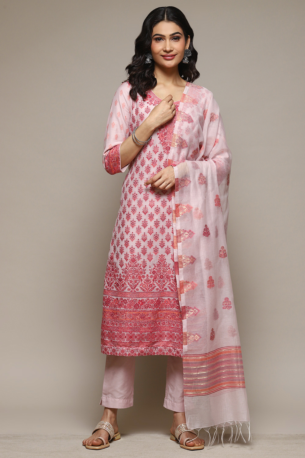 Peach Cotton Blend Straight Yarndyed Kurta Suit Set image number 7