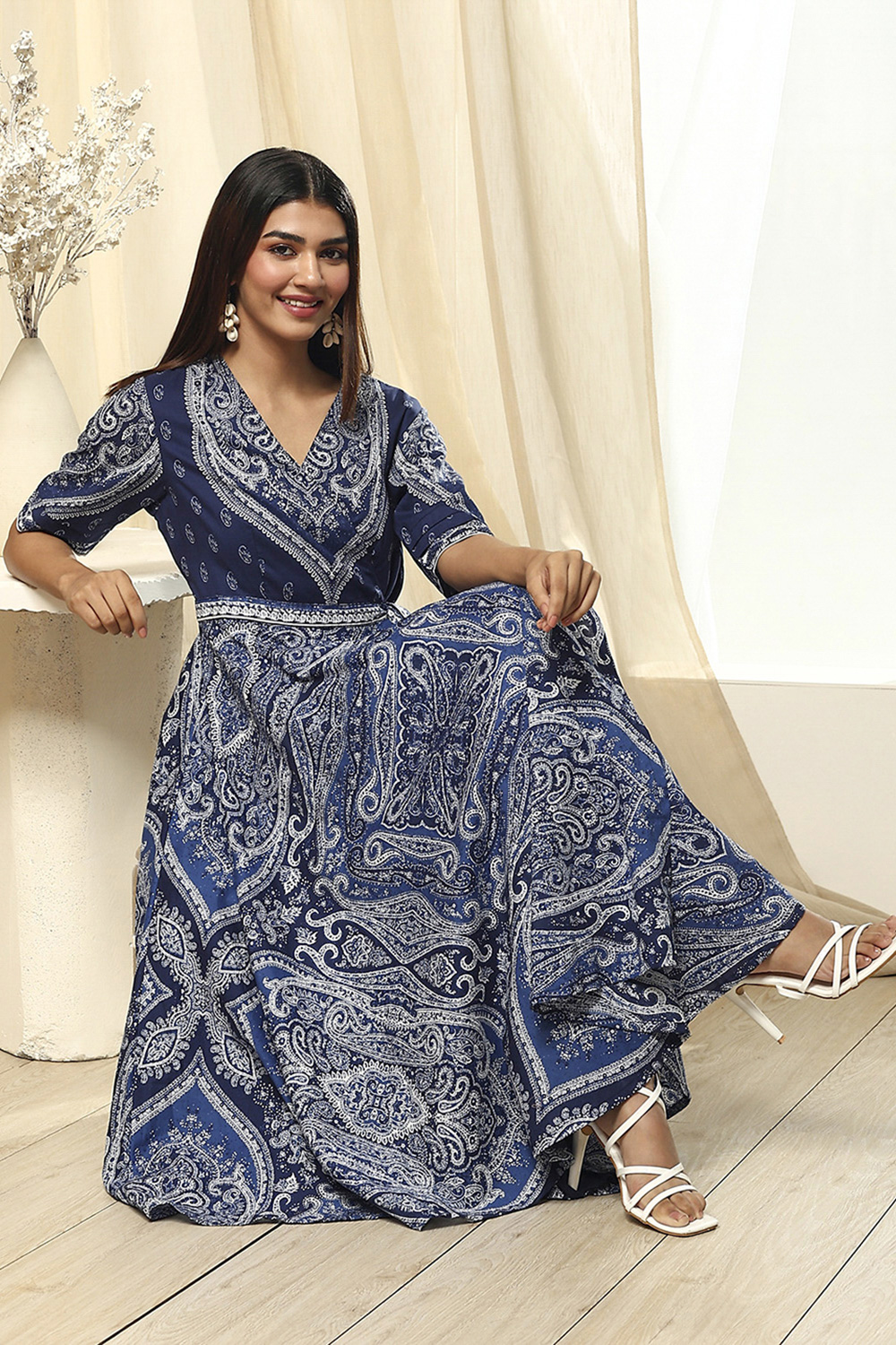 Indigo Cotton Flared Printed Dress image number 0