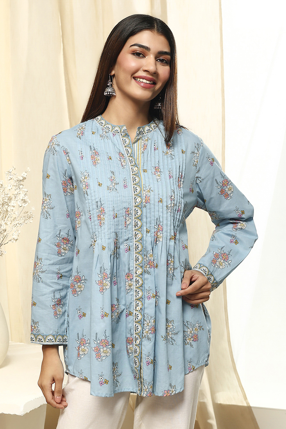 Dull Blue Floral Cotton Shirt-Style Short Kurta image number 5