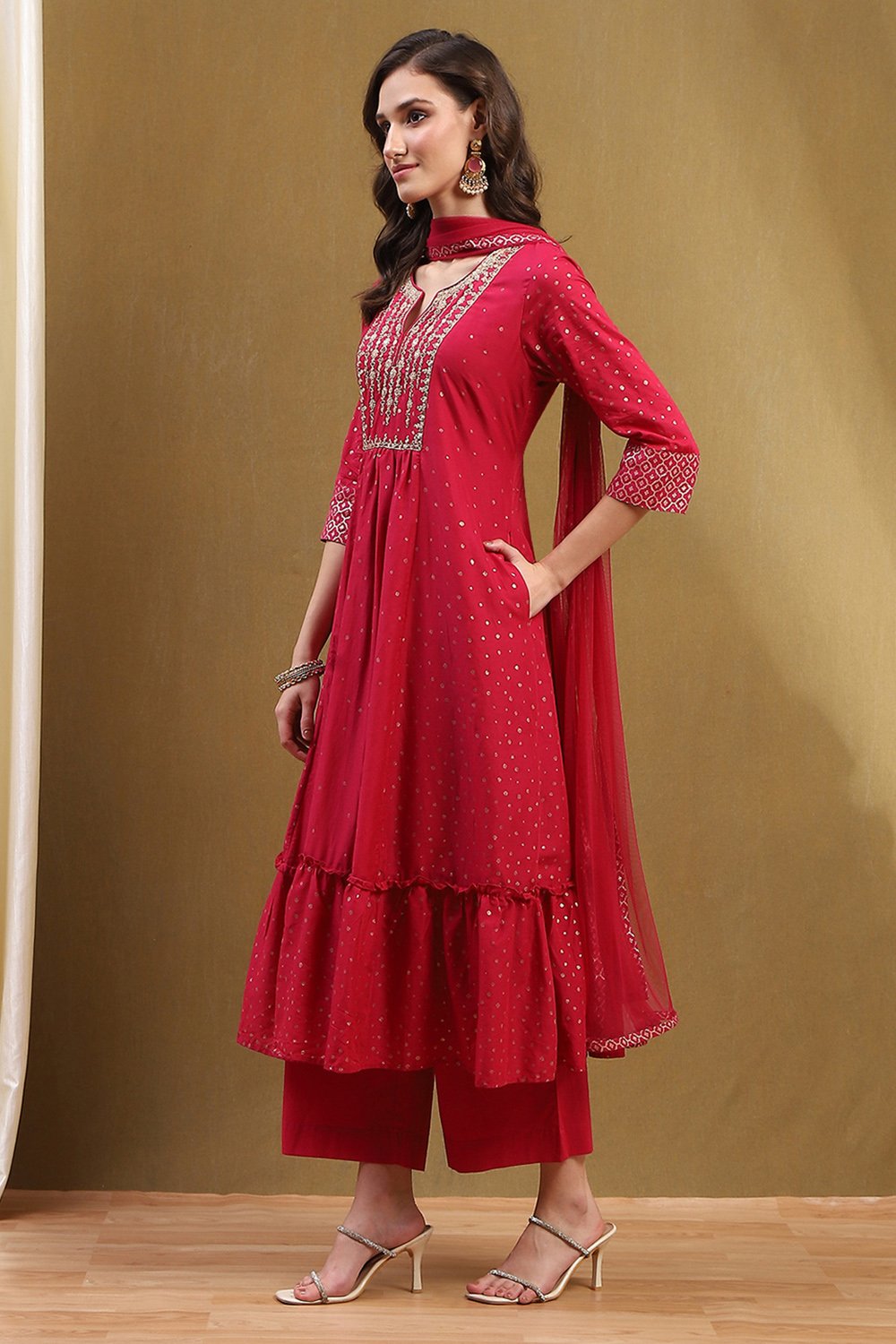 Fuchsia Cotton Printed Festive Gathered Suit Set image number 3