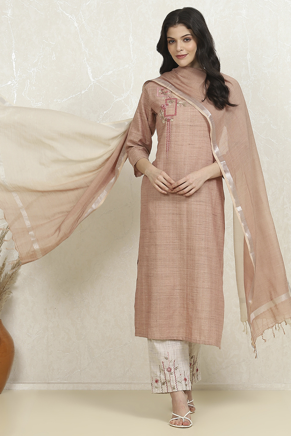 Beige Linen Hand Embroidered Unstitched Suit Set image number 1