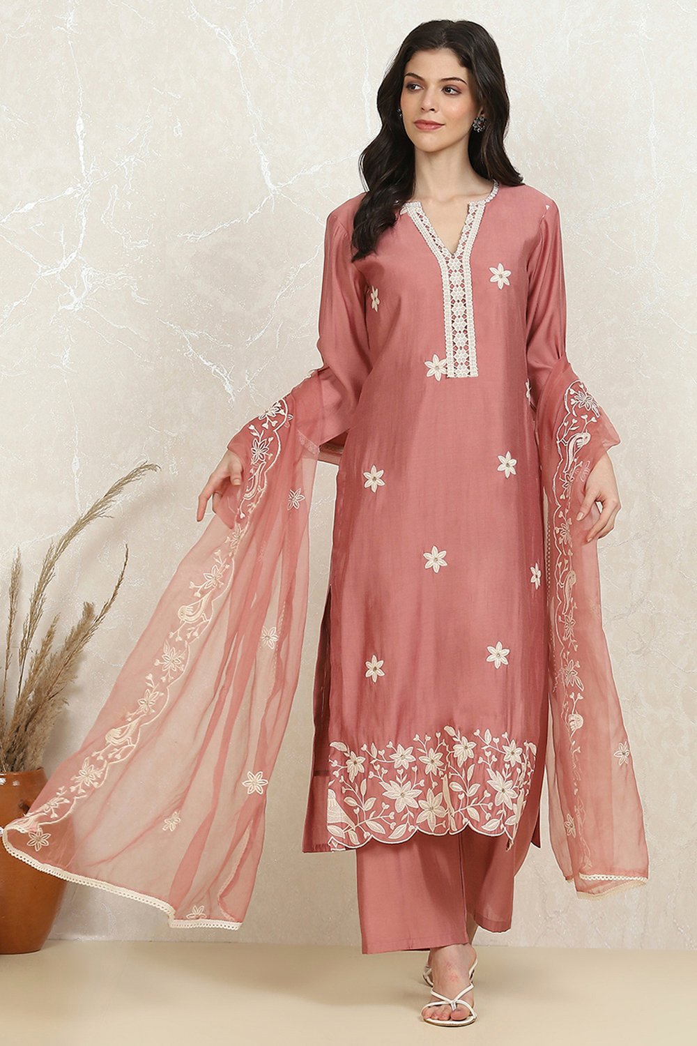 Peach-Pink Modal Machine Embroidered Unstitched Suit Set image number 7