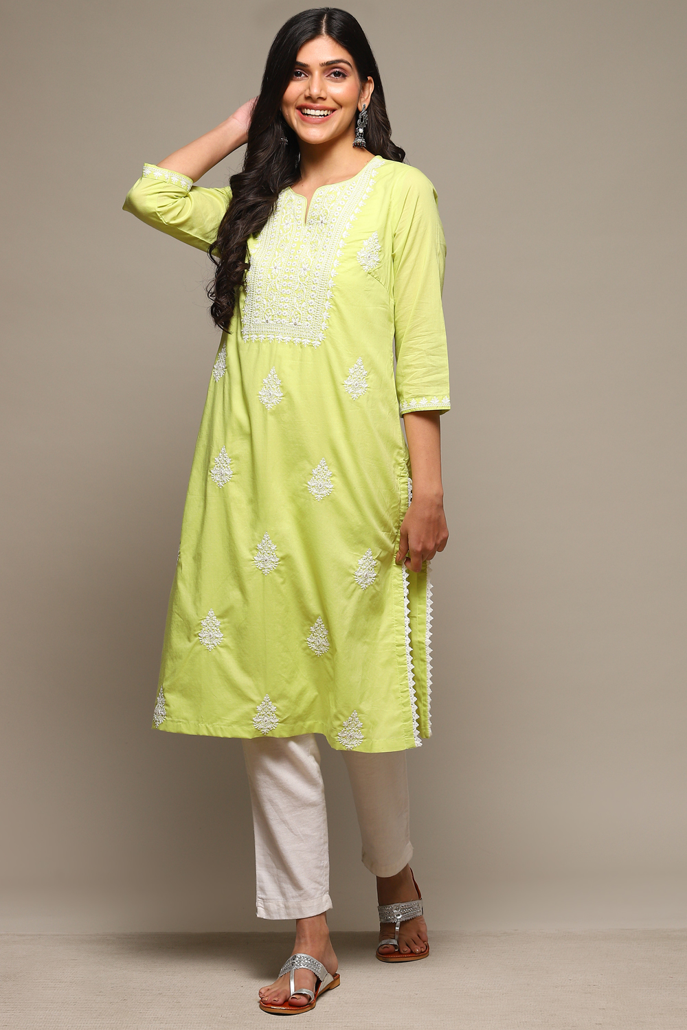 Sea Green Cotton Straight Embroidered Kurta image number 0