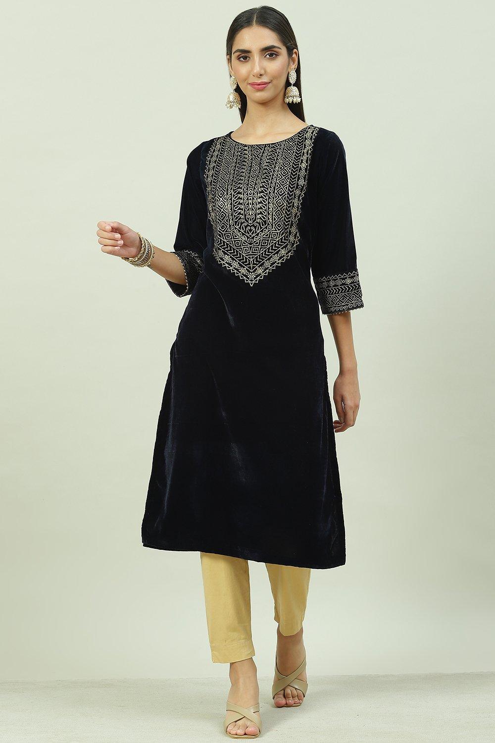 Navy Velvet Straight Printed Kurta image number 5