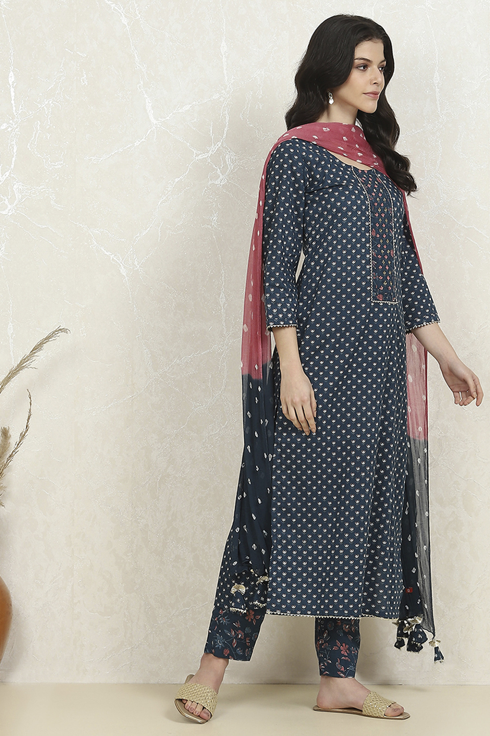 Navy Blue Cotton Printed Unstitched Suit Set image number 5