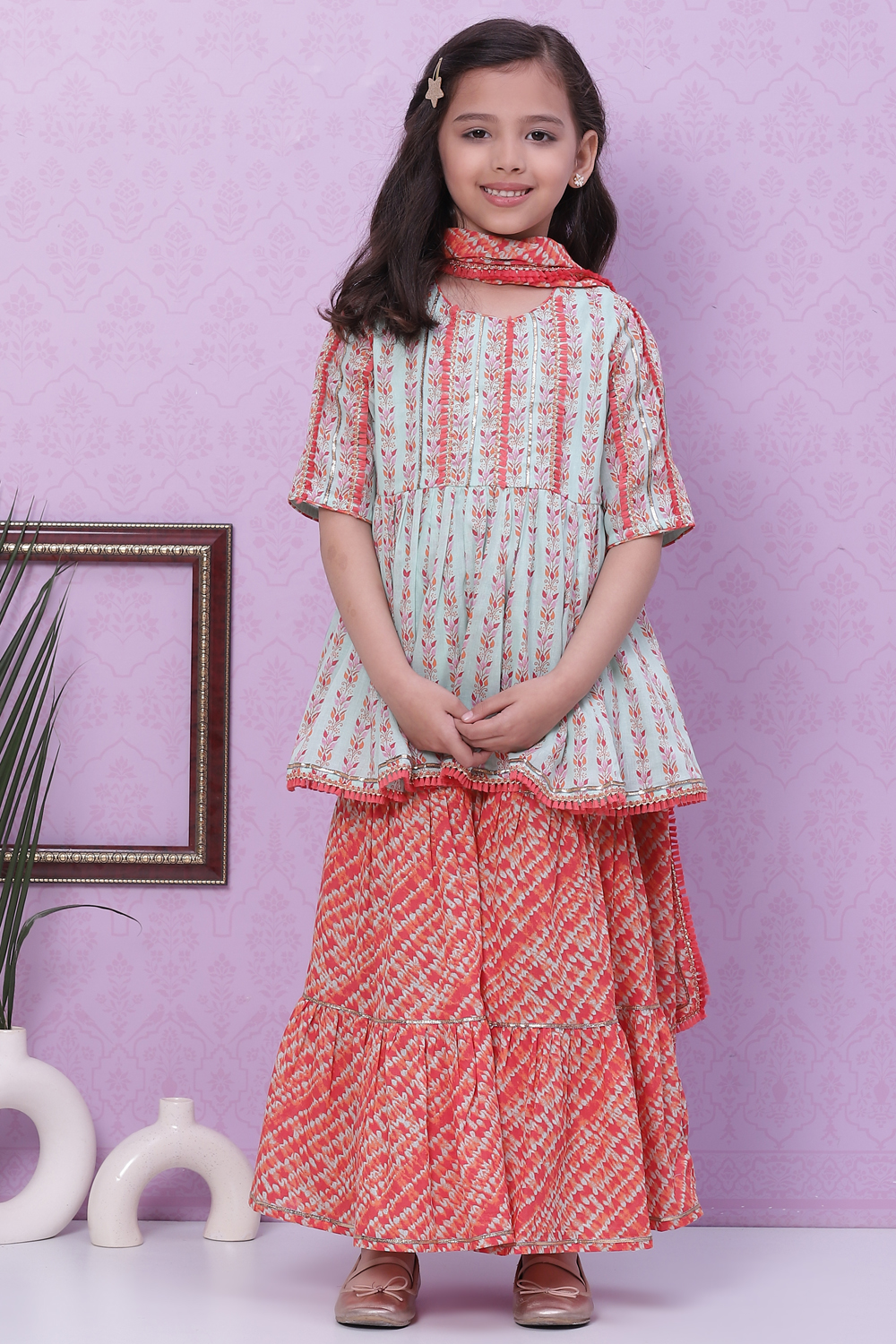 Aqua & Coral Cotton A-Line Kurta Garara Suit Set image number 0