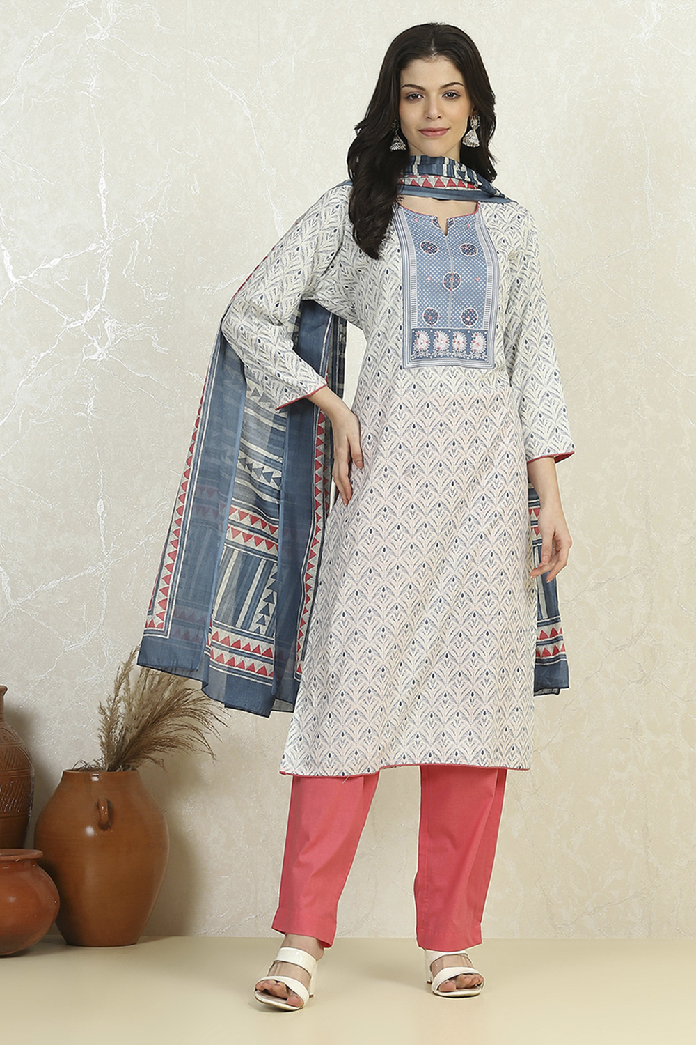 Grey Cotton Printed Embroidered Unstitched Suit Set image number 7