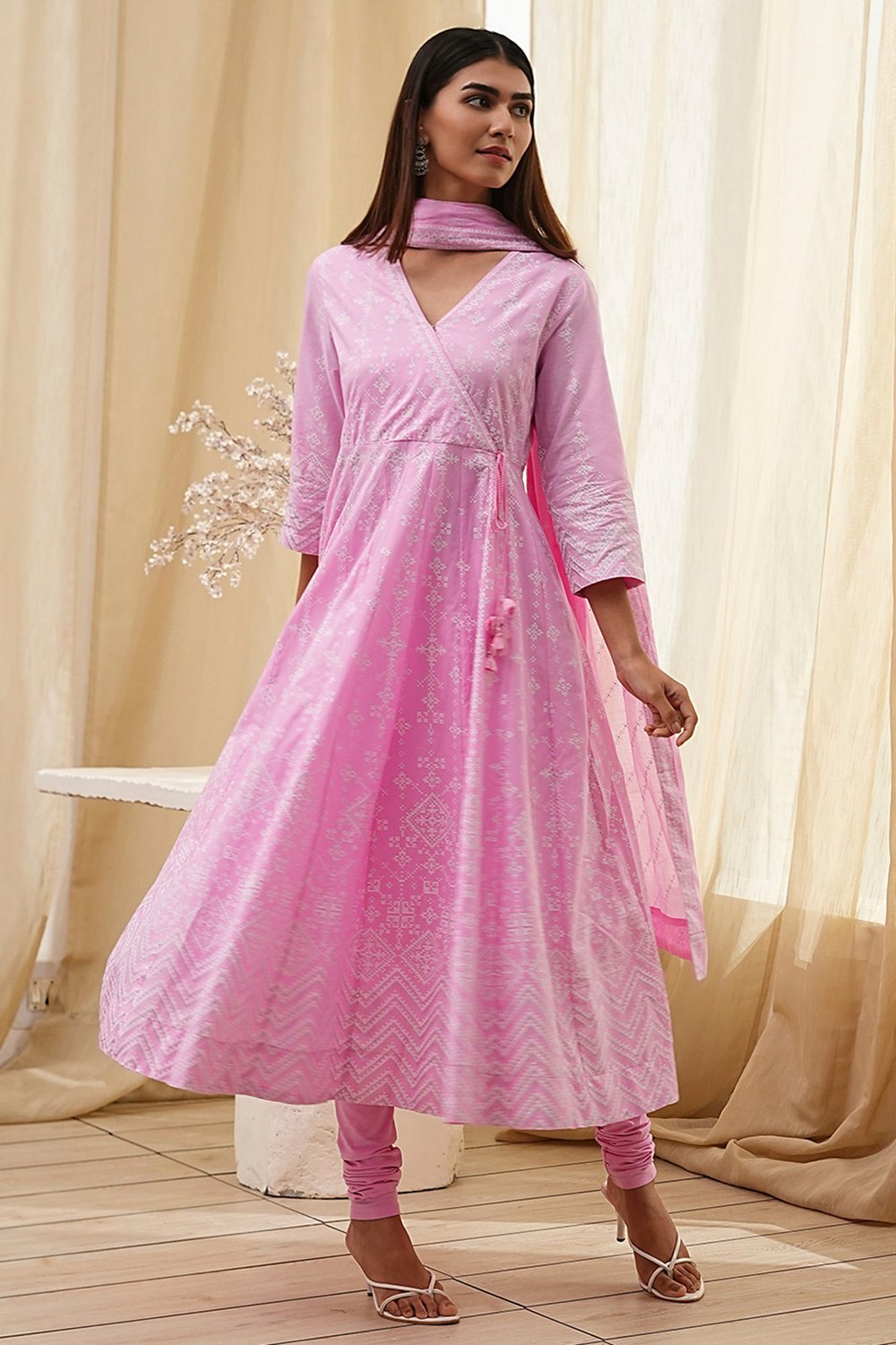 Off-White and Pink Cotton Anarkali Suit Set image number 0