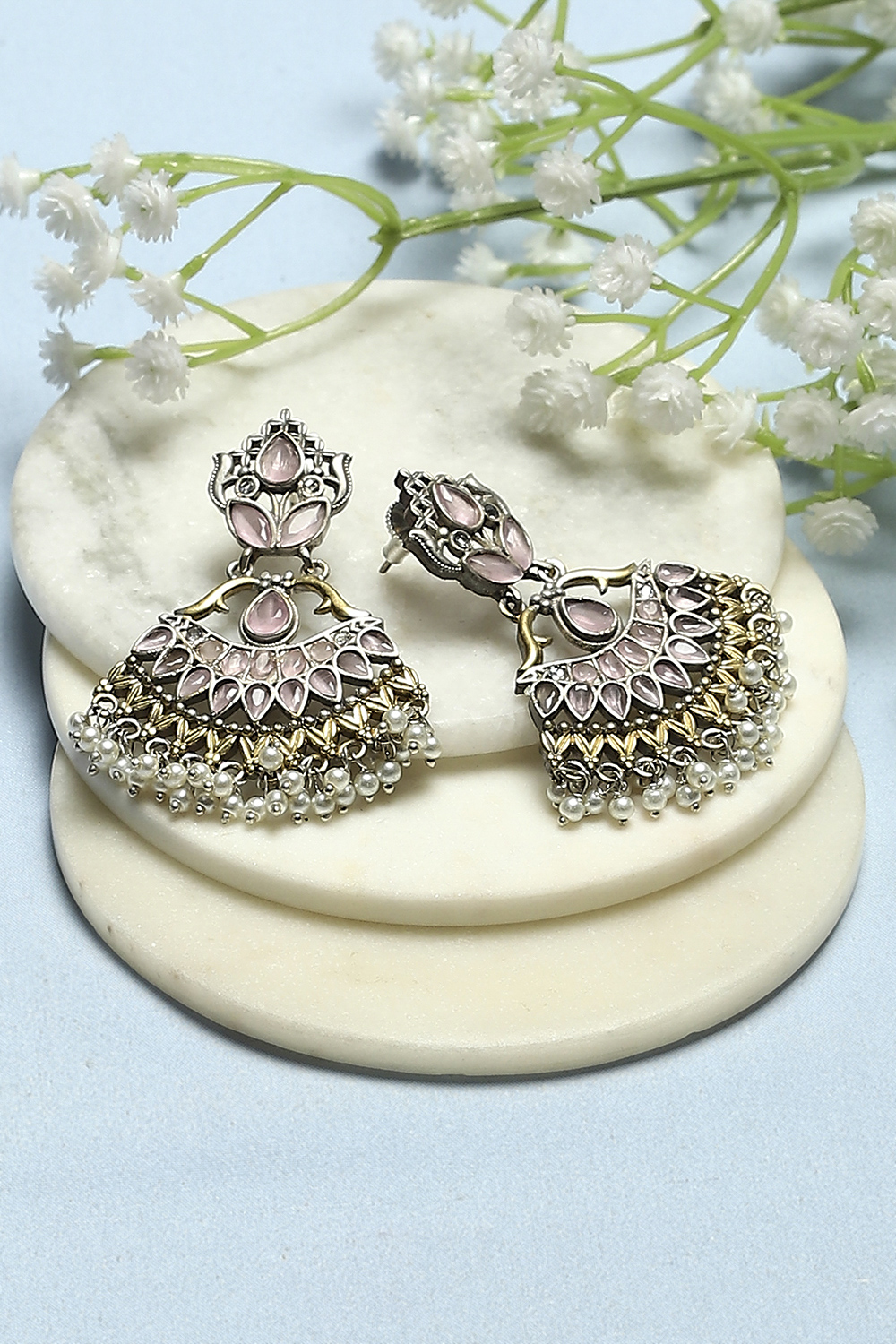 Pink Stone Studded Oxidised Danglers image number 0