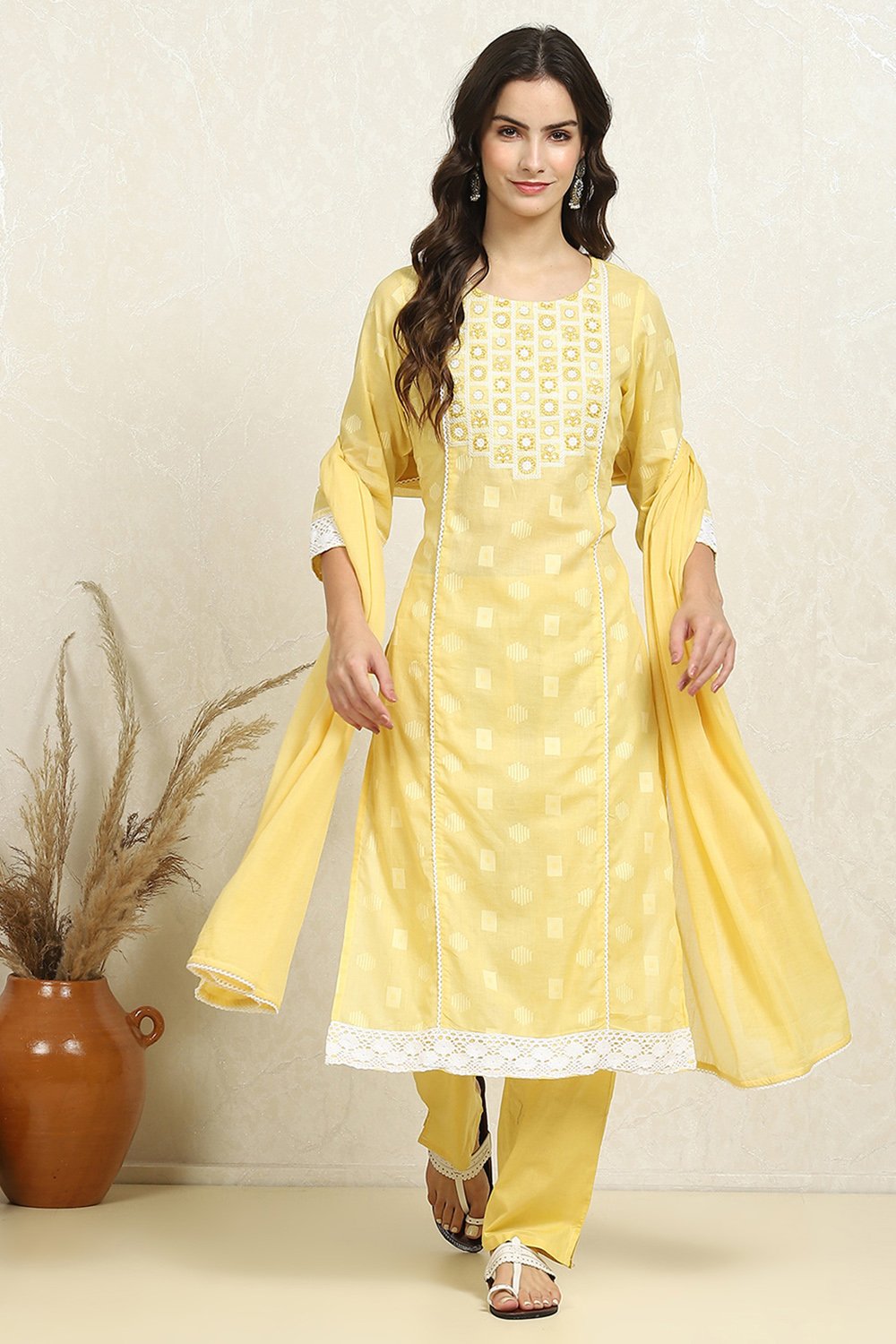 Yellow Cotton Handloom Unstitched Suit Set image number 1