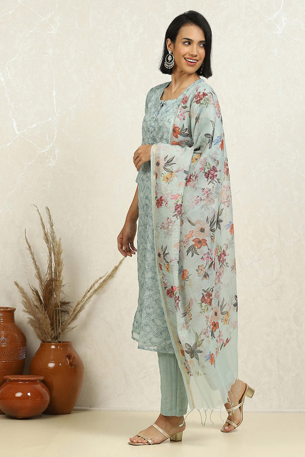 Beige Cotton Blend Digital Print Unstitched Suit Set image number 4