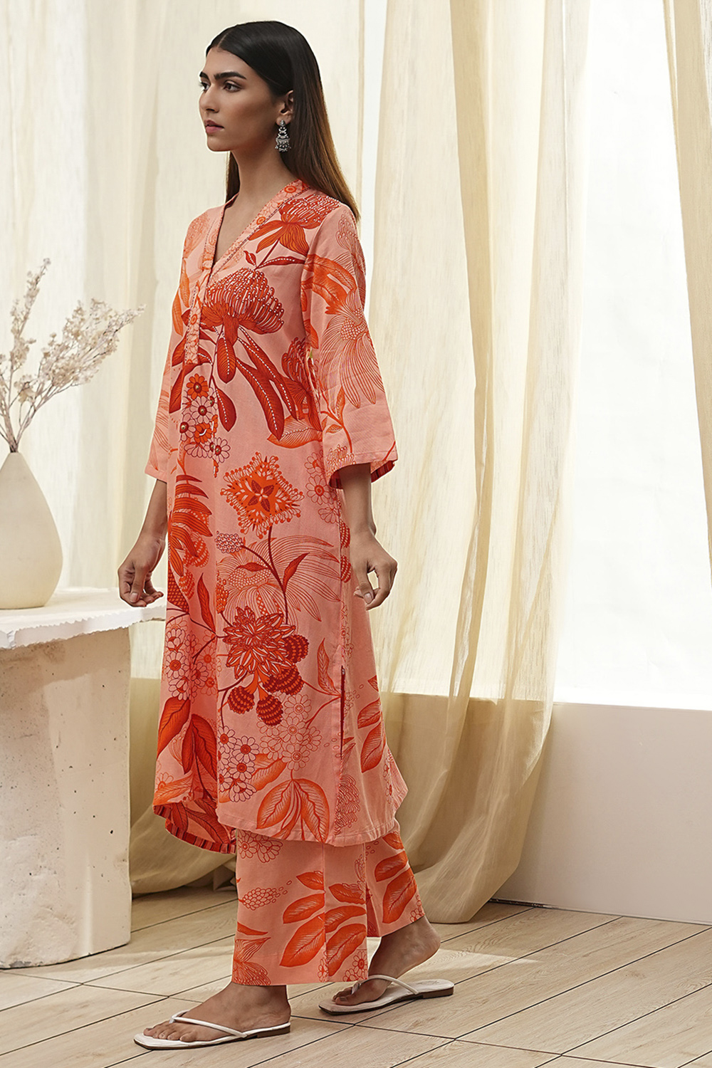 Peach Viscose Rayon Straight Suit Set image number 3