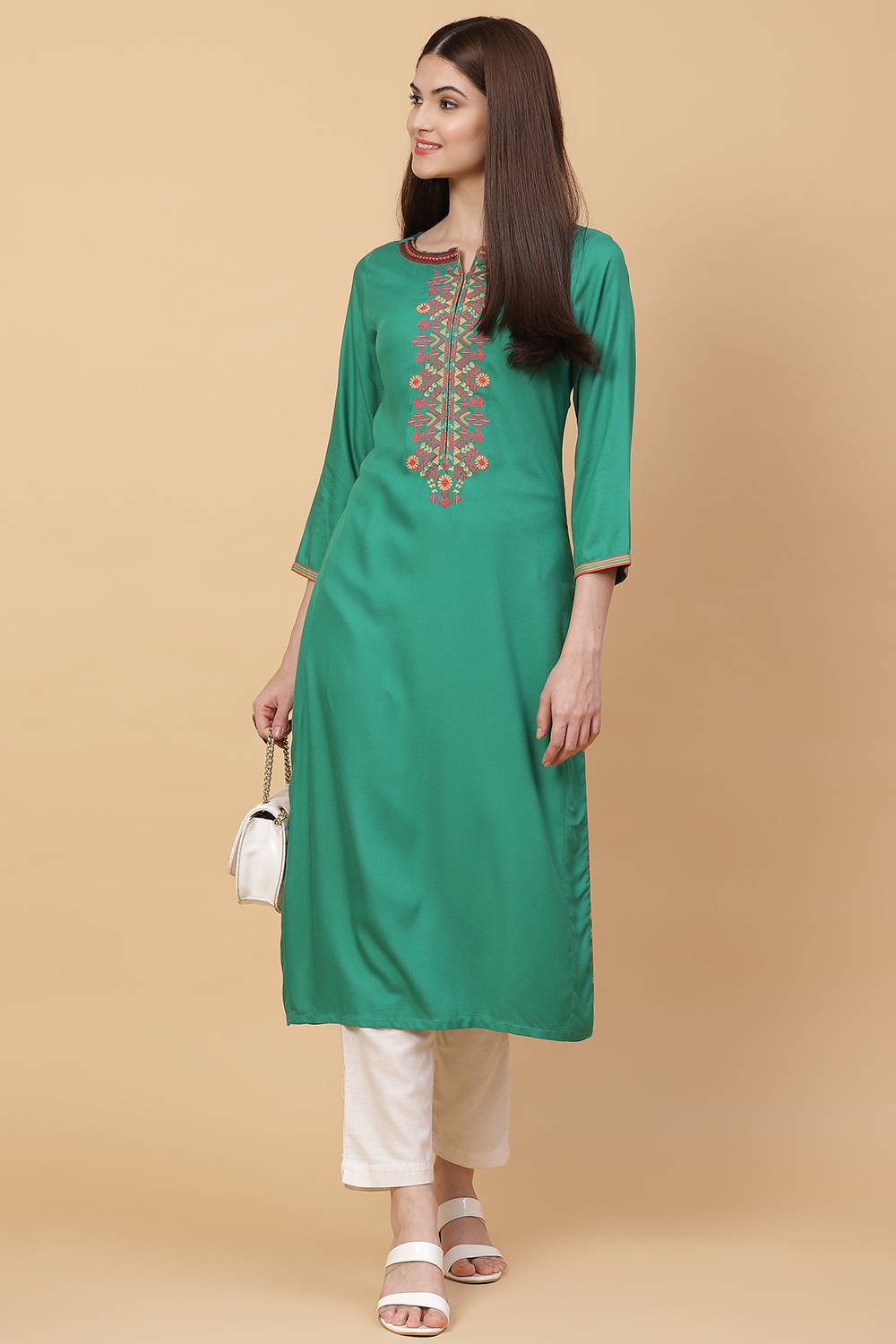 Green Straight Rayon Kurta image number 4