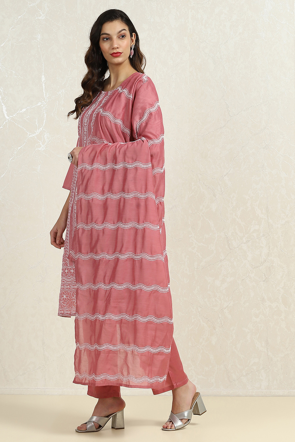 Pink Chanderi Machine Embroidered Unstitched Suit Set image number 2