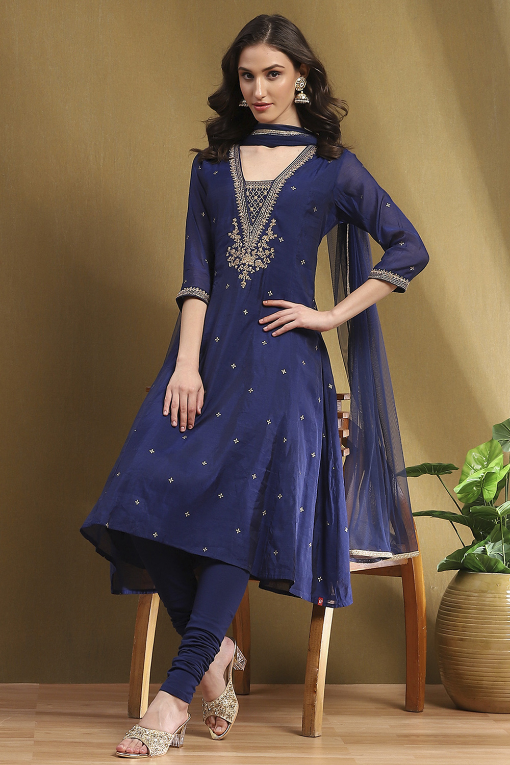 Navy Polyester Blend Kalidar Suit Set image number 0