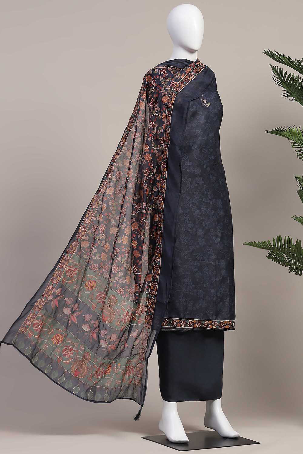 Grey Chanderi Hand Embroidered Unstitched Suit Set image number 4