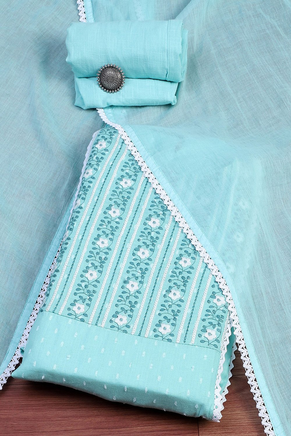 Blue Cotton Handloom Unstitched Suit Set image number 0