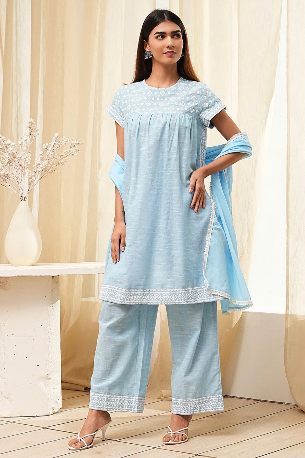 Light Blue Cotton Gathered Suit Set image number 6