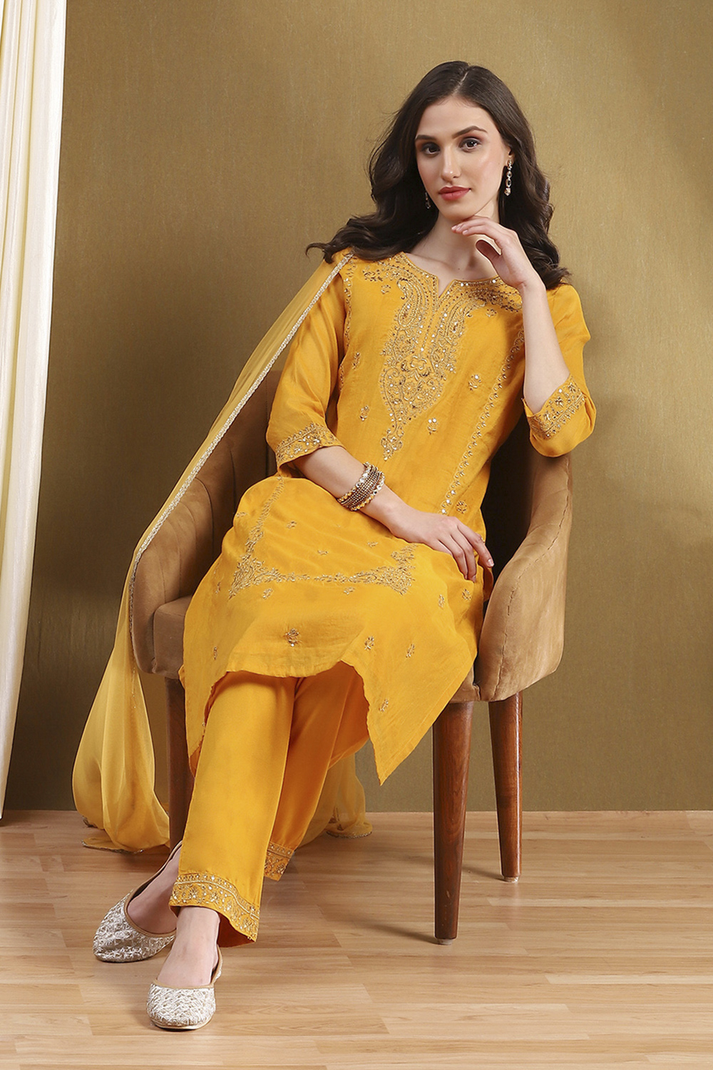 Yellow Polyester Blend A Line Suit Set image number 0