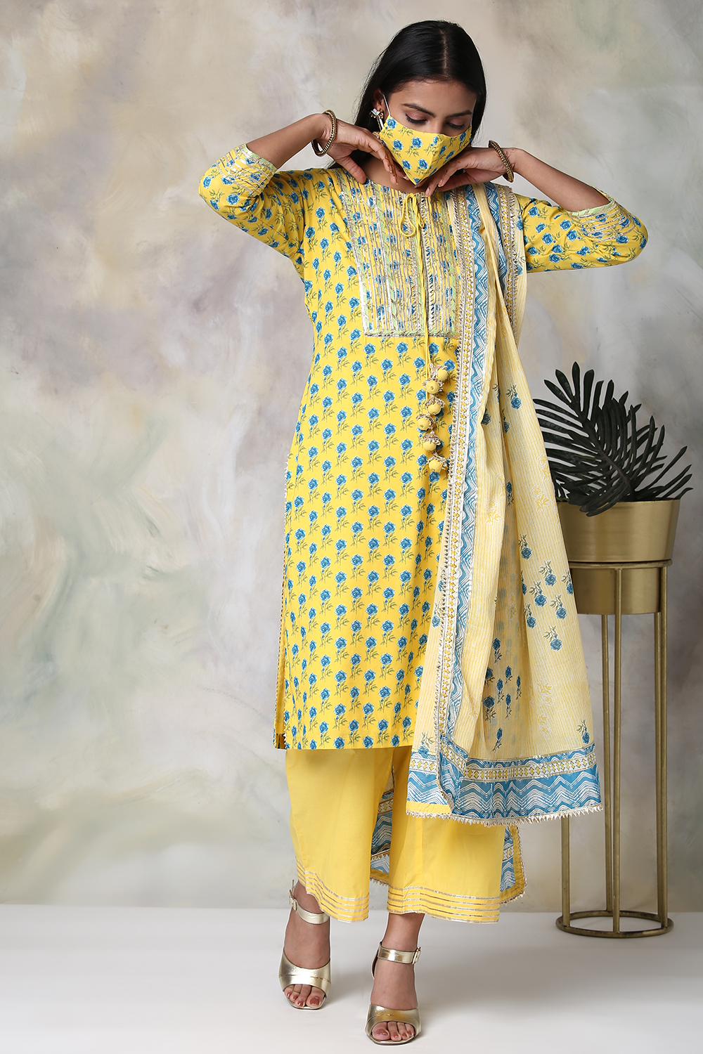 Yellow Cotton Straight Kurta Palazzo Suit Set image number 7