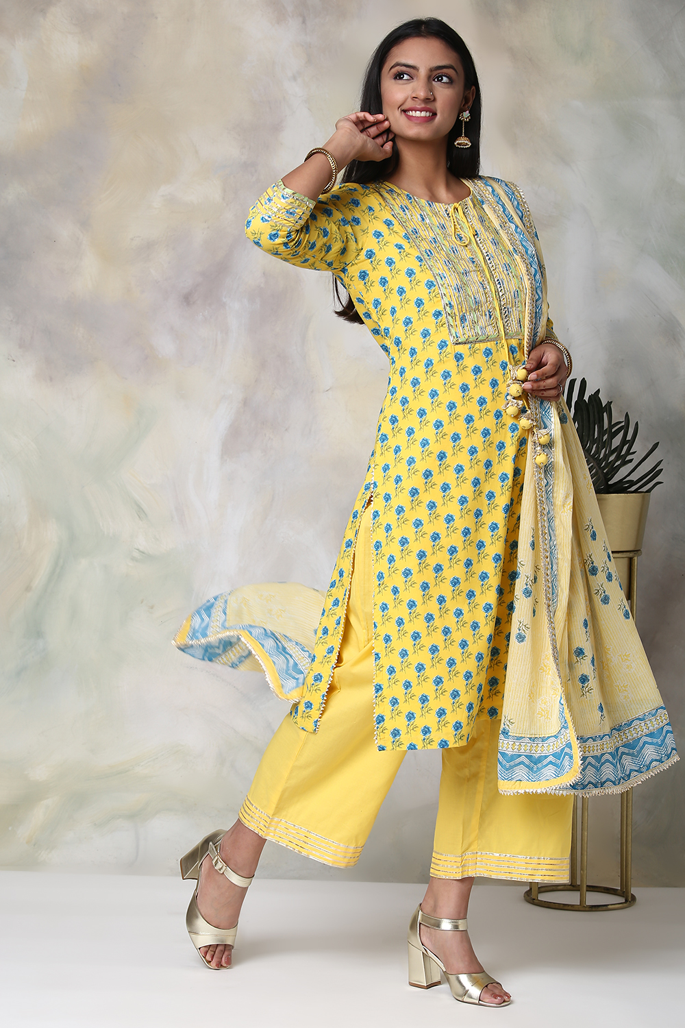 Yellow Cotton Straight Kurta Palazzo Suit Set image number 0