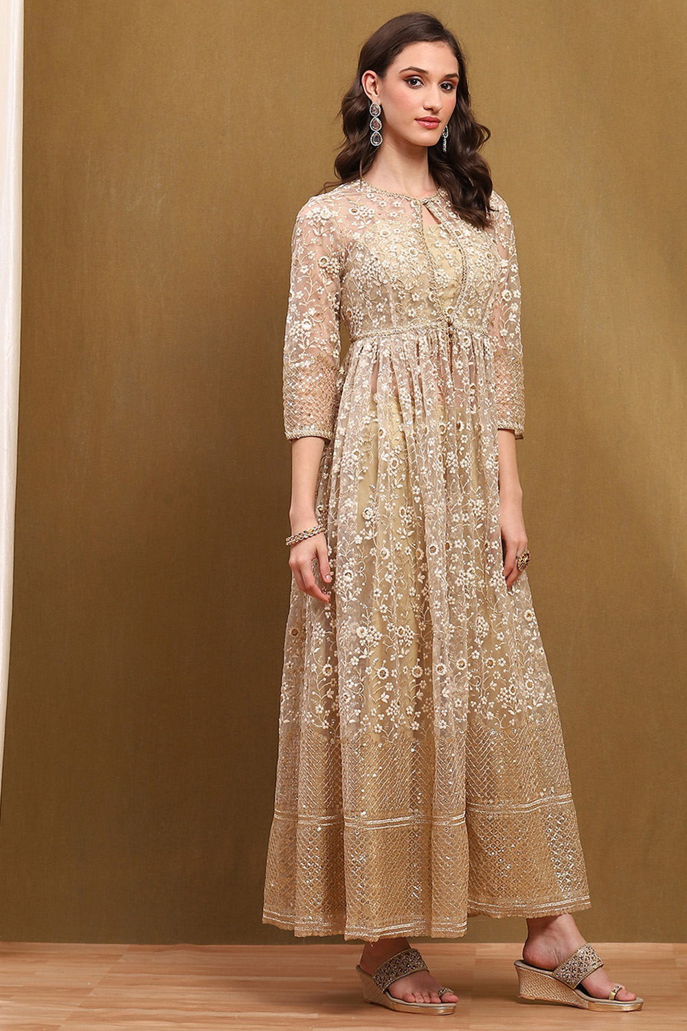 Gold-Toned Net Embroidered Festive Sharara Fusion Set image number 5