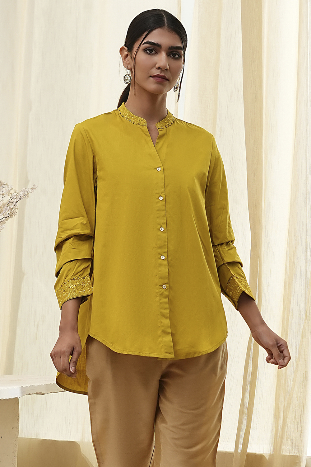 Honey Beige Cotton Solid Shirt image number 5