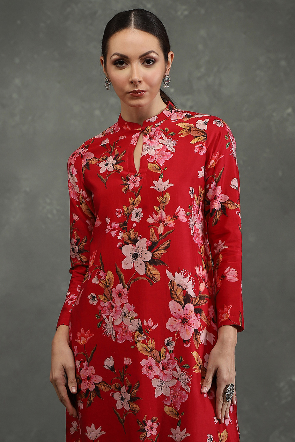 Rohit Bal Red Silk Chanderi Floral Printed Straight Kurta Set image number 1