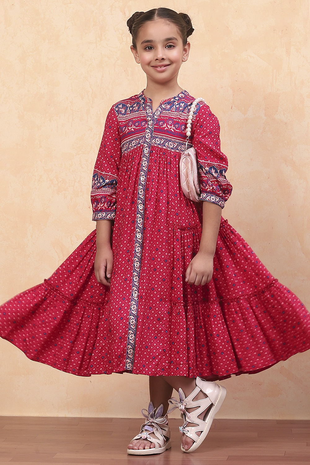 Pink Bandhani Printed Flared Tiered Dress image number 0