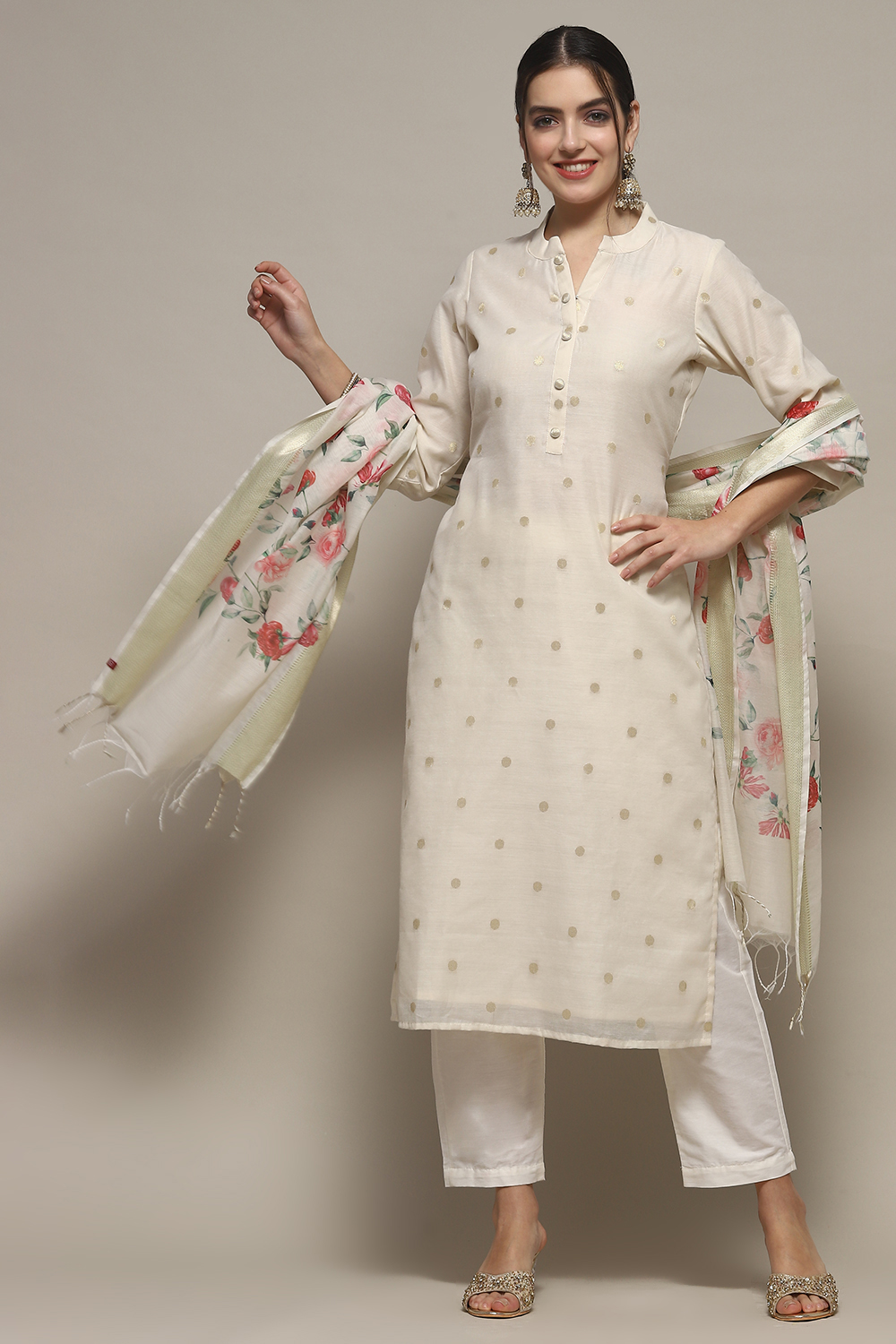 Off White Chanderi Unstitched Suit set image number 1