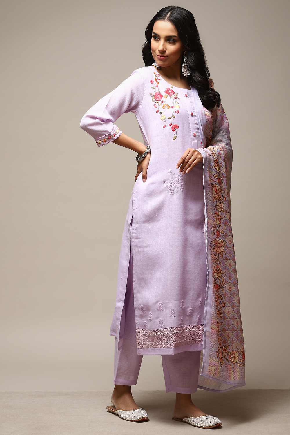 Lavender Linen Machine Embroidered Unstitched Suit Set