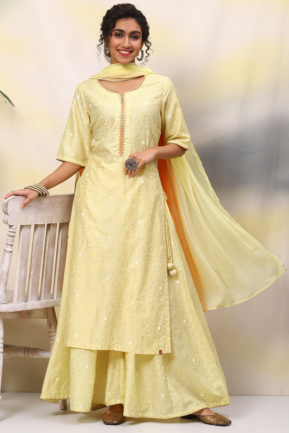 Lime Yellow Art Silk Straight Kurta Sharara Suit Set image number 7