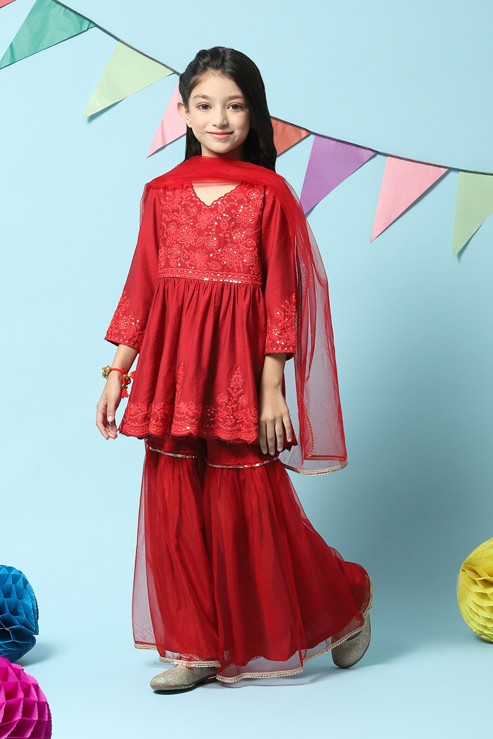 Red Nylon Flared Kurta Sharara Suit Set image number 5