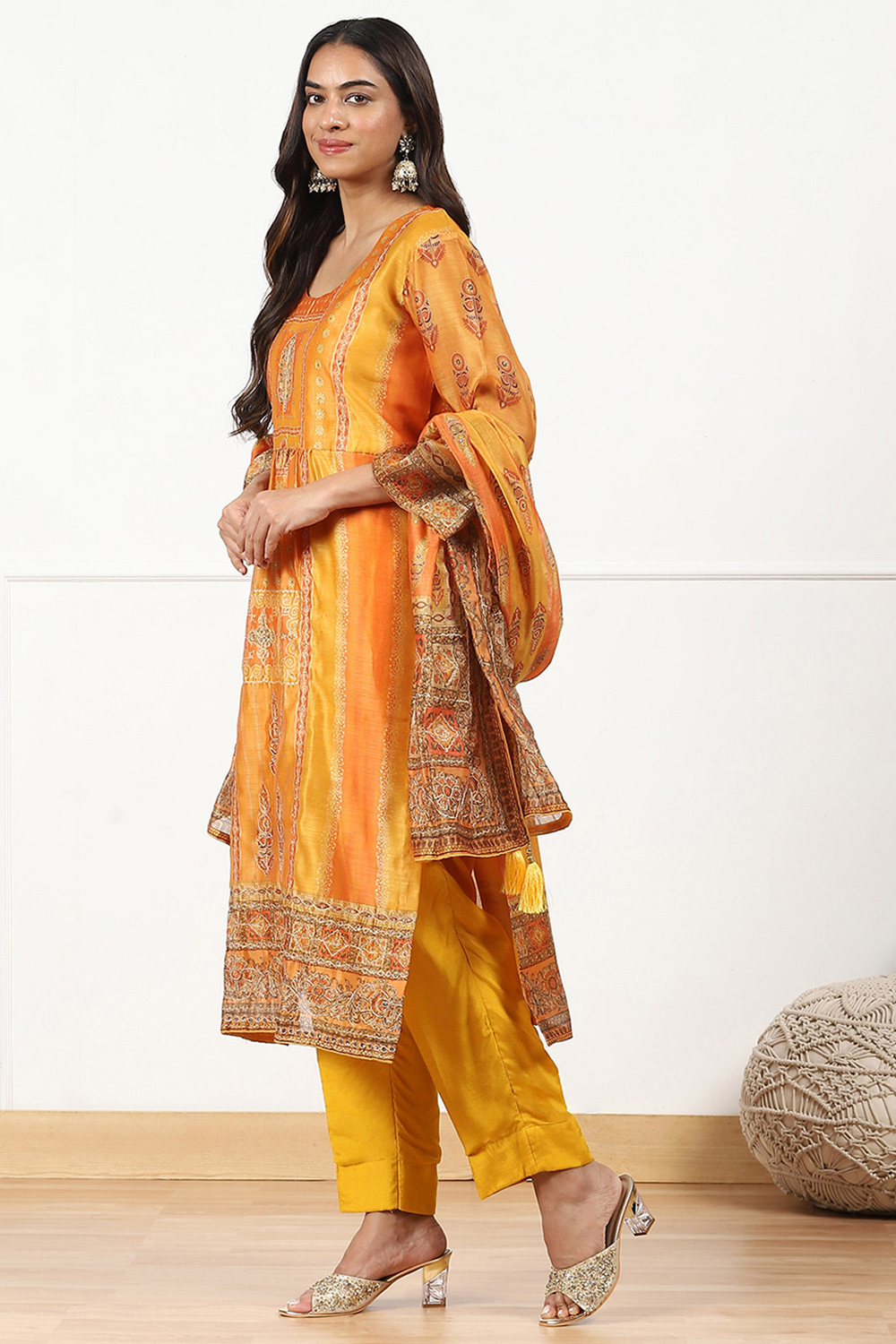 Yellow Chanderi Printed  Embroidered Unstitched Suit Set image number 5