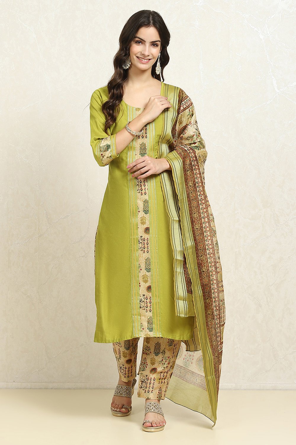 Green Cotton Handloom Unstitched Suit Set image number 7