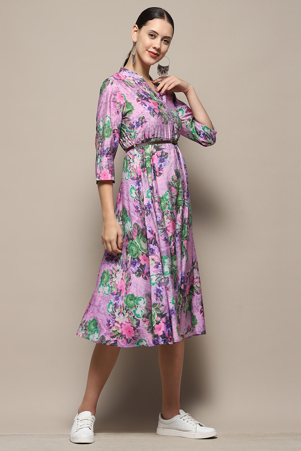 Purple Floral Block Printed A-line Dress image number 5