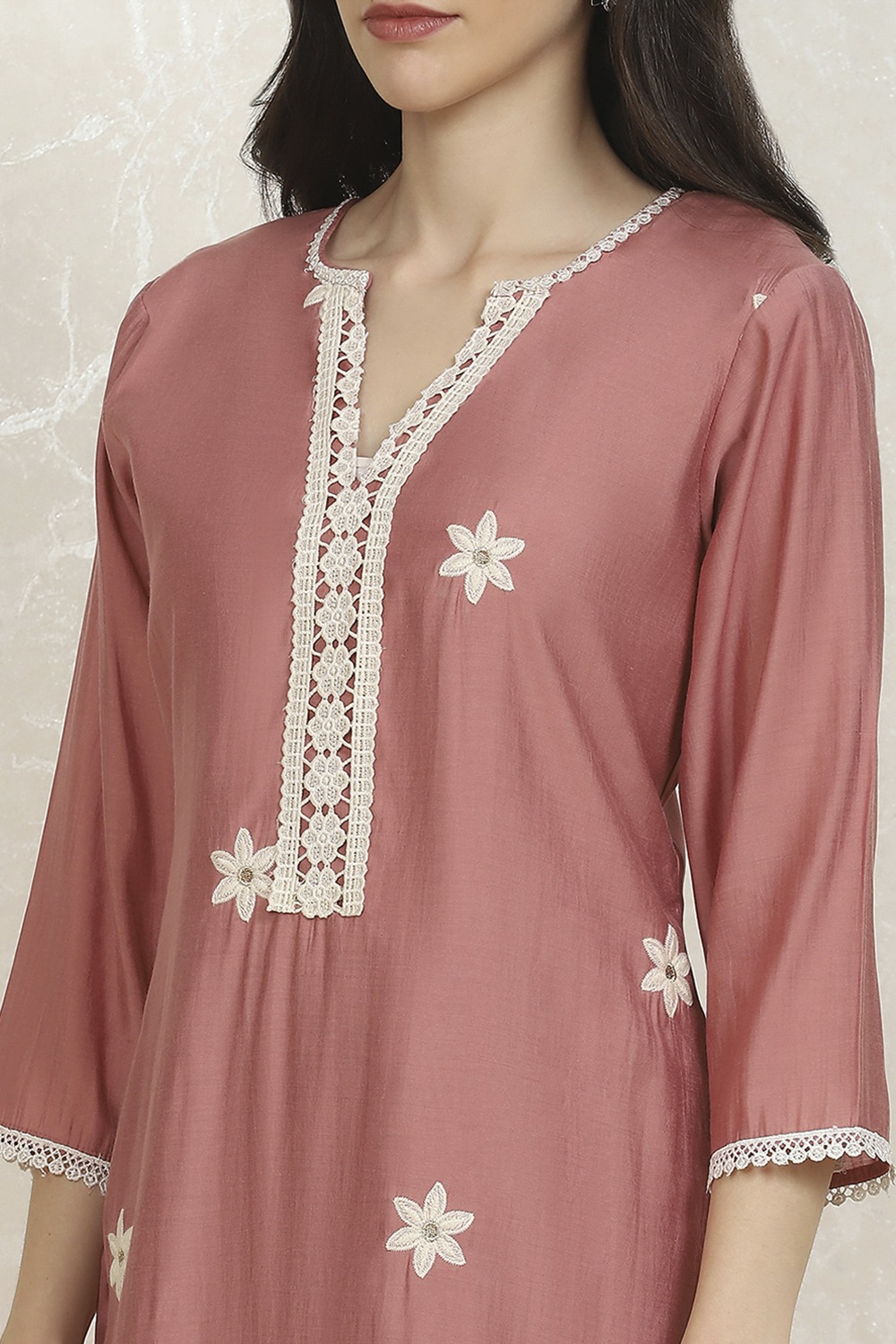 Peach-Pink Modal Machine Embroidered Unstitched Suit Set image number 2