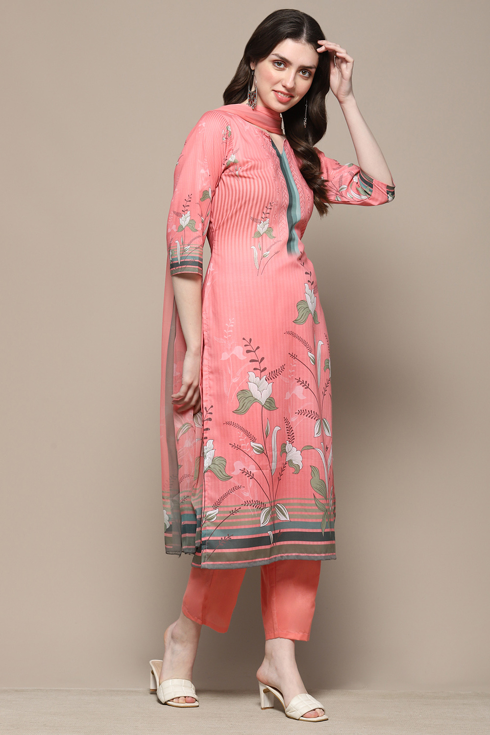 Pink Cotton Blend Floral Digital Print Unstitched Suit Set image number 7