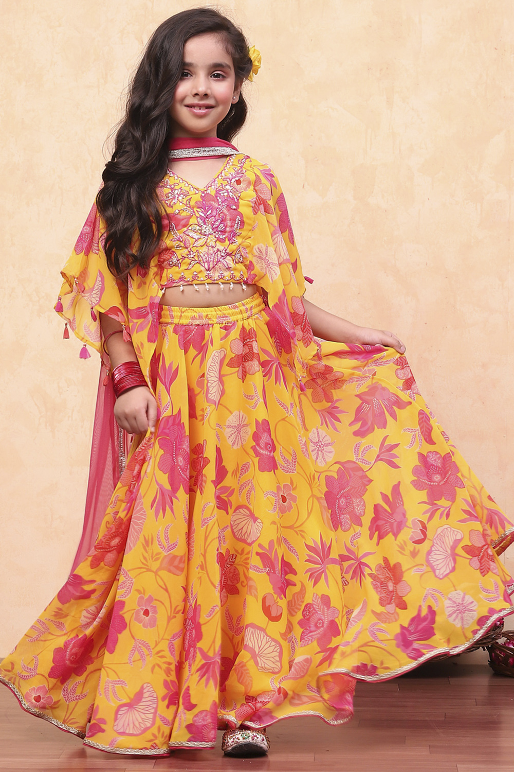 Yellow and Pink Georgette Floral Flared Lehenga Set image number 0