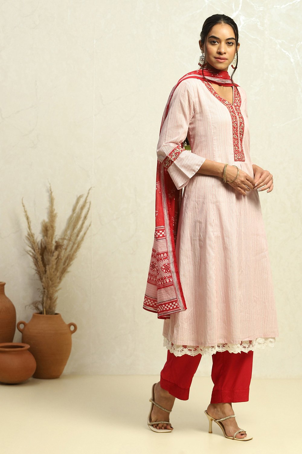 White and Rust Cotton Festive Kalidar Suit Set image number 5