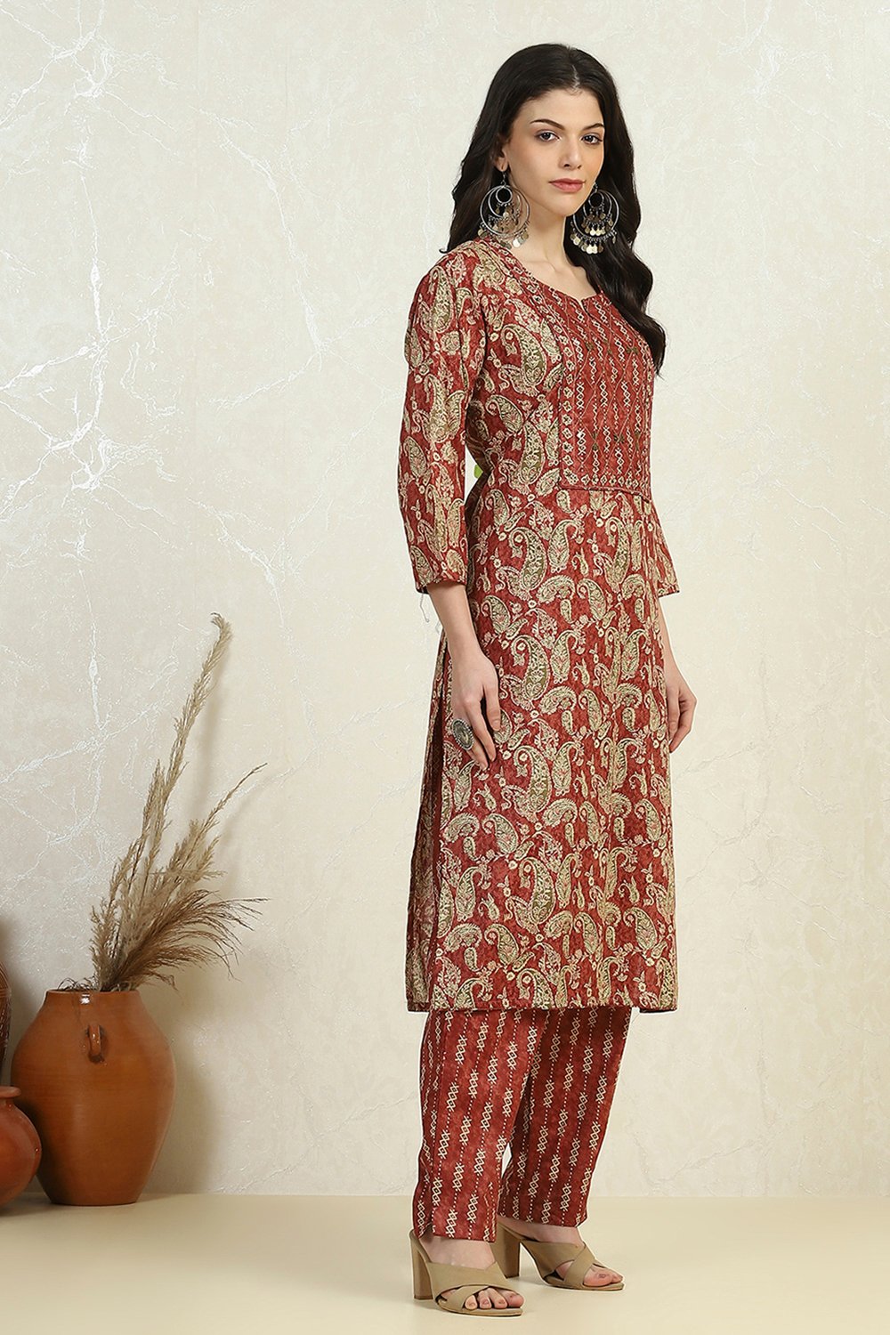 Maroon Cotton Printed Embroidered Unstitched Suit Set image number 8