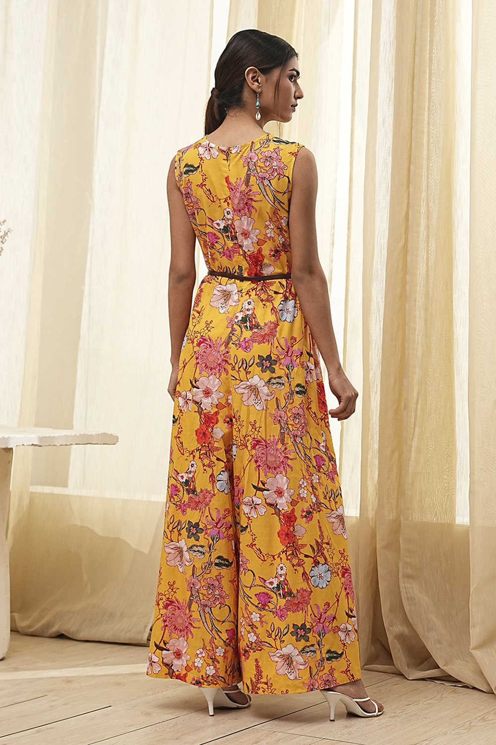 Yellow Cotton Floral Flared Jumpsuit image number 3