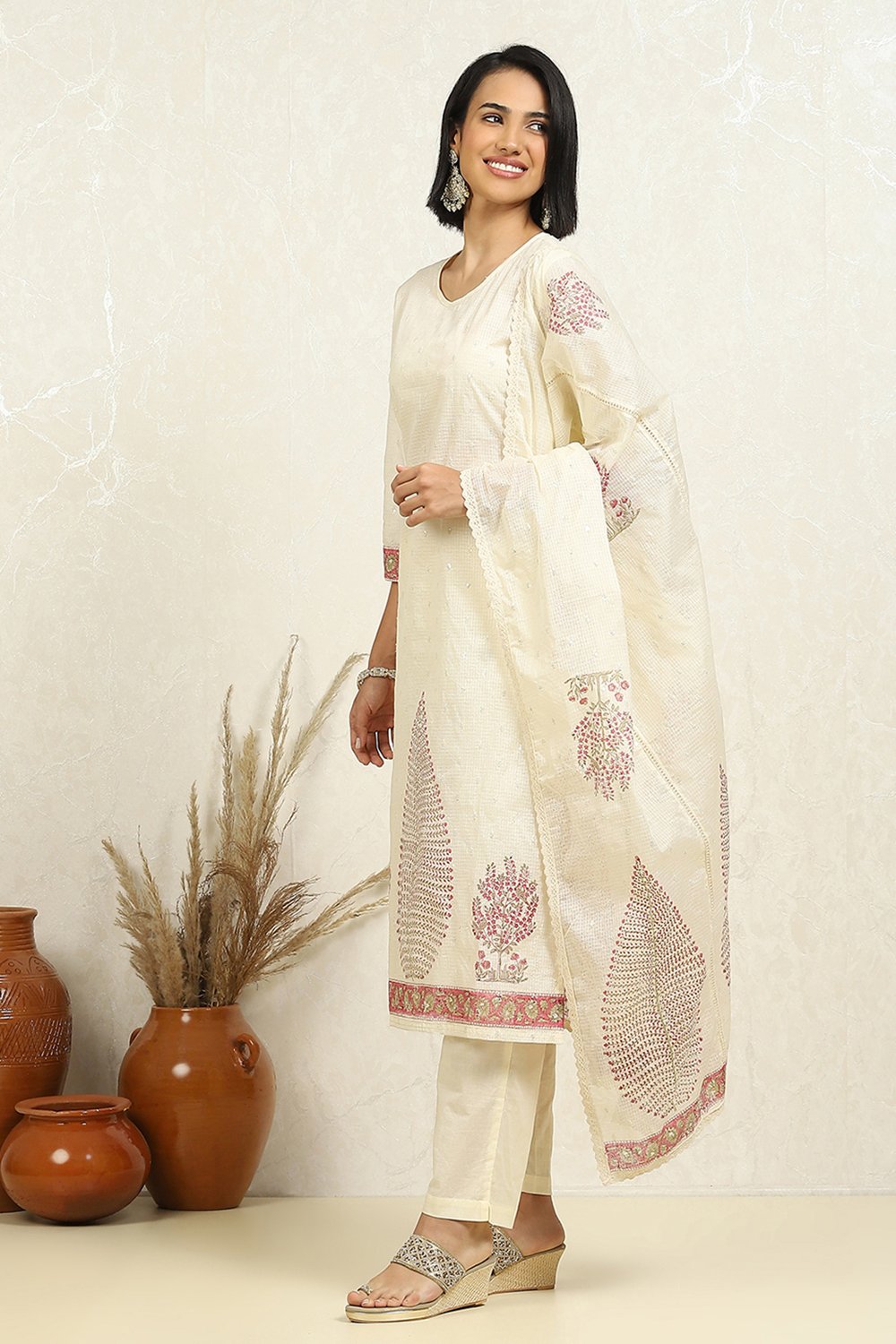 White Cotton Blend Hand Block Print Unstitched Suit Set image number 4