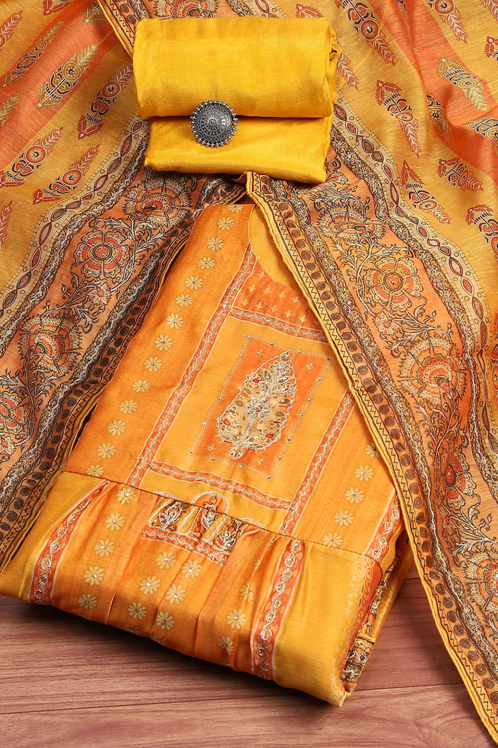 Yellow Chanderi Printed  Embroidered Unstitched Suit Set image number 0