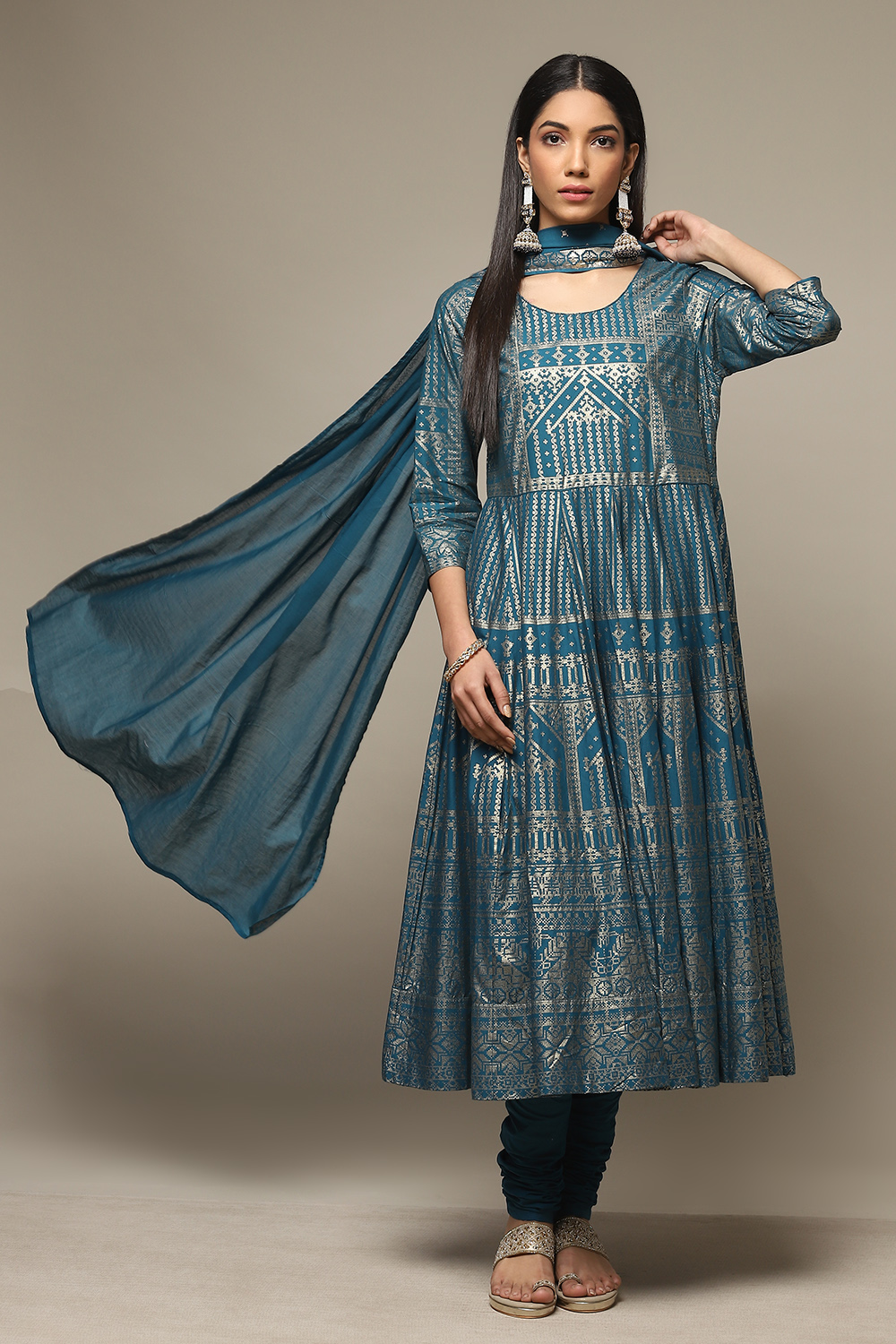 Teal Cotton Anarkali Kurta Churidar Suit Set image number 7