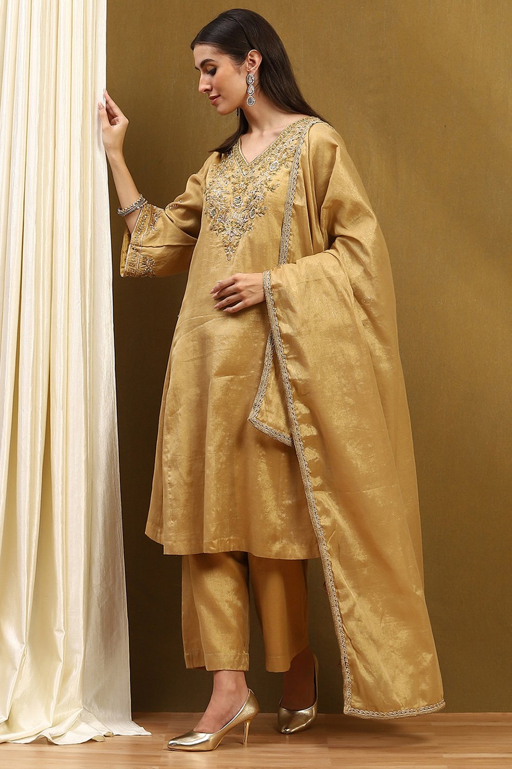 Gold Cotton Kalidar Suit Set image number 0