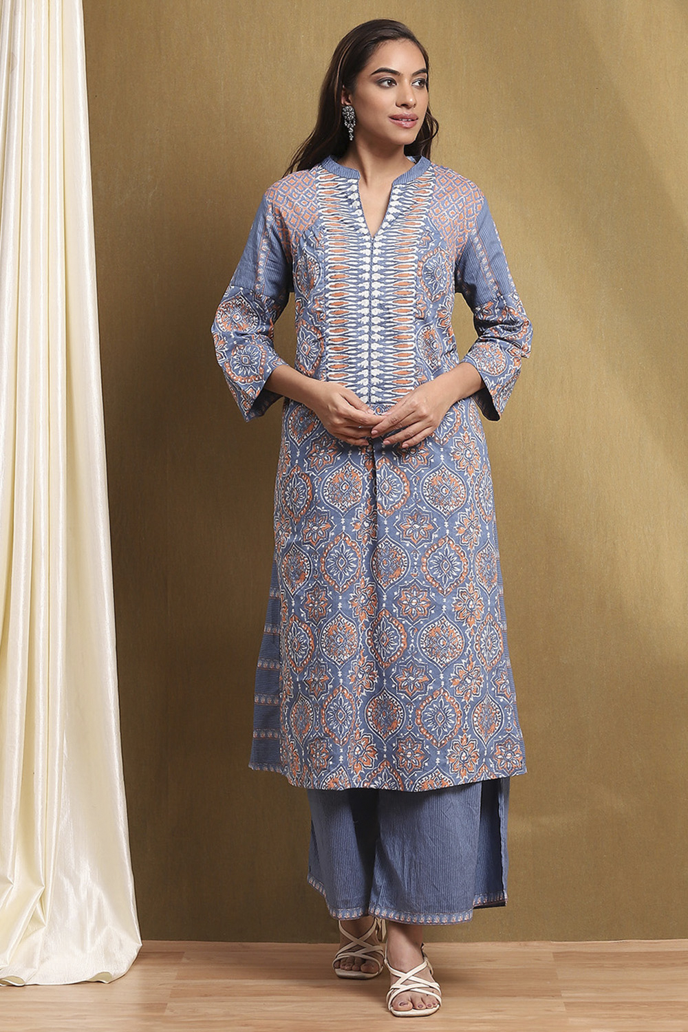 Blue Cotton Printed A-Line Suit Set image number 7